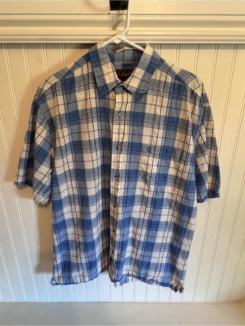 Vintage Timberland Blue Plaid Short Sleeve Button Up Shirt Size M Y2K